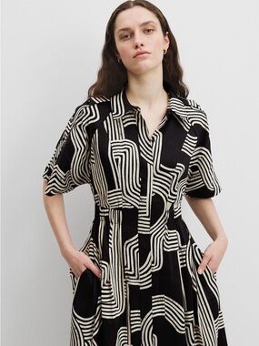Country Road Black & Cream Geometric Print Linen-Silk Cinched Midi Shirt Dress
